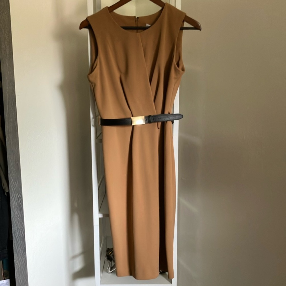 Calvin Klein belted Tan Sheath Midi Dress Sleeveless Crew Neck